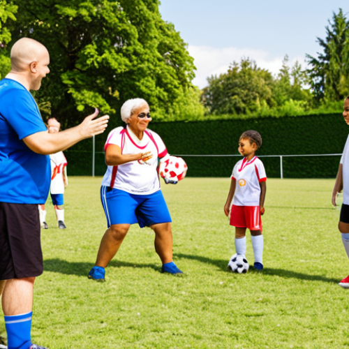 Home 4 ** A vibrant, sunny park scene. Diverse group of adults and children participate in a friendly soccer game. A leader coaches while demonstrating a technique, with a first aid kit visibly nearby. Emphasize inclusivity and positive energy.
**