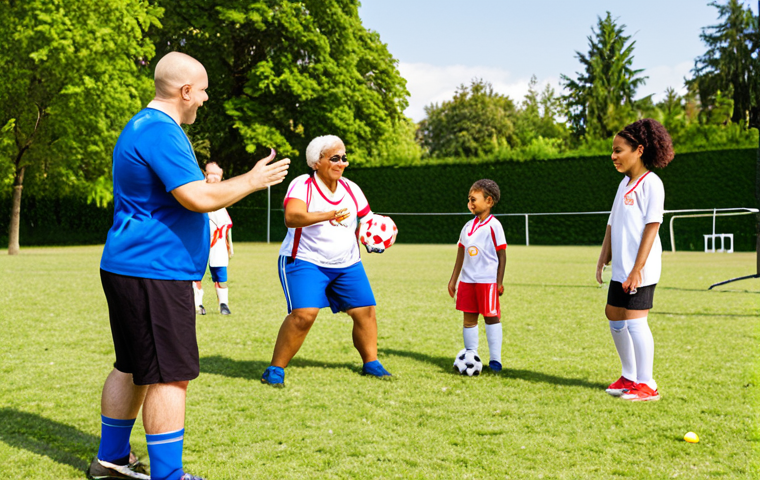 ** A vibrant, sunny park scene. Diverse group of adults and children participate in a friendly soccer game. A leader coaches while demonstrating a technique, with a first aid kit visibly nearby. Emphasize inclusivity and positive energy.
**