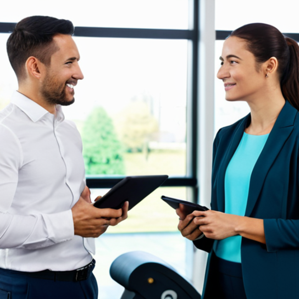 A professional leisure sports instructor, a woman in her 30s, wearing modest, athletic-inspired business casual attire, stands in a brightly lit, modern consultation room. She is looking at a tablet, subtly gesturing towards the screen, while a fully clothed, diverse client listens attentively beside her. The background features blurred gym equipment and large windows, creating a clean and professional atmosphere. The scene emphasizes professional communication and expertise in a coaching setting. Fully clothed, modest clothing, appropriate attire, professional dress, safe for work, appropriate content, professional, family-friendly, perfect anatomy, correct proportions, natural pose, well-formed hands, proper finger count, natural body proportions, high quality, professional photography.
