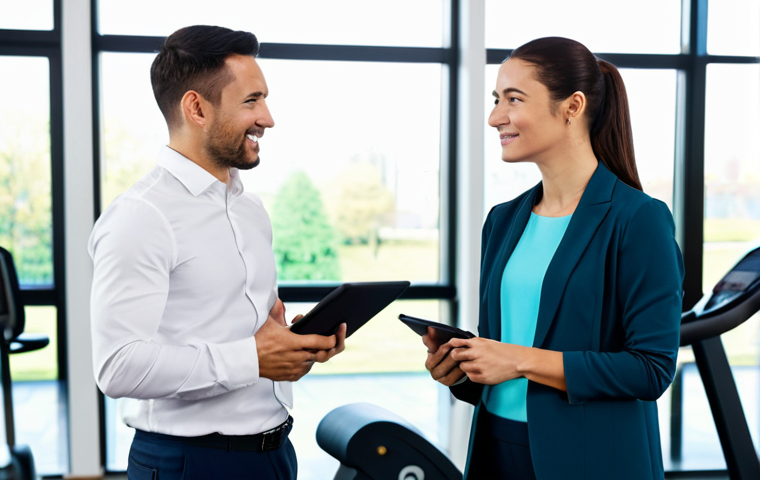 A professional leisure sports instructor, a woman in her 30s, wearing modest, athletic-inspired business casual attire, stands in a brightly lit, modern consultation room. She is looking at a tablet, subtly gesturing towards the screen, while a fully clothed, diverse client listens attentively beside her. The background features blurred gym equipment and large windows, creating a clean and professional atmosphere. The scene emphasizes professional communication and expertise in a coaching setting. Fully clothed, modest clothing, appropriate attire, professional dress, safe for work, appropriate content, professional, family-friendly, perfect anatomy, correct proportions, natural pose, well-formed hands, proper finger count, natural body proportions, high quality, professional photography.