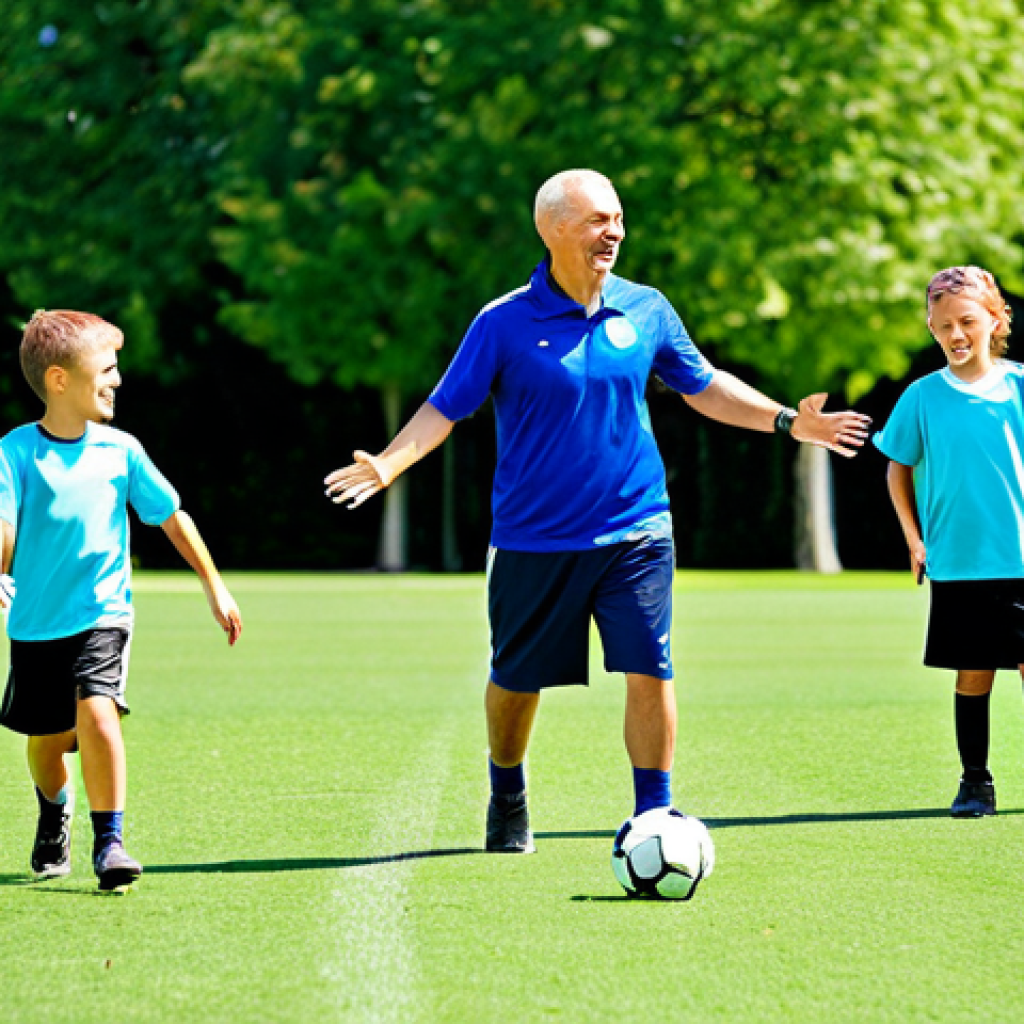 **
"A family-friendly scene of a fully clothed volunteer coach leading a group of young children in a soccer drill on a sunny, green field. The children are wearing appropriate athletic attire and are smiling. Background includes trees and a bright blue sky. Safe for work, appropriate content, fully clothed, professional photography, perfect anatomy, correct proportions, natural pose, well-formed hands, proper finger count, natural body proportions."
**