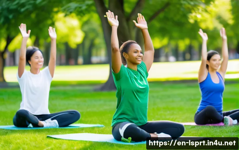 레저스포츠지도자 자격증 취득 후 변화한 삶 - A diverse group of adults participating in an outdoor fitness class led by a certified leisure sport...