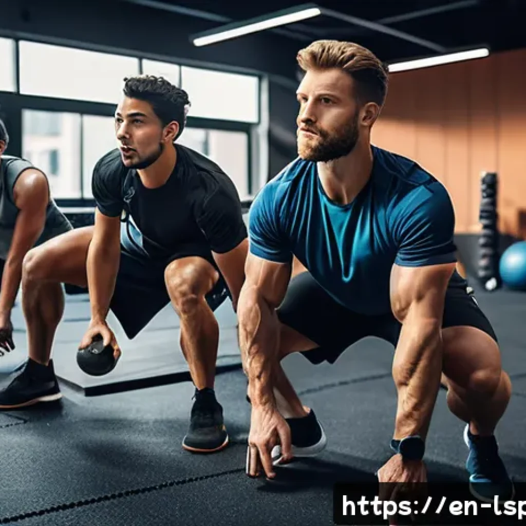 레저스포츠지도자 필수 교재 리뷰 - A diverse group of leisure sports clients and a coach in a bright, modern gym setting, engaged in pe...