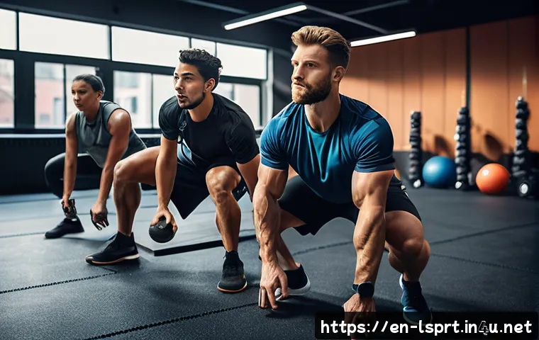 레저스포츠지도자 필수 교재 리뷰 - A diverse group of leisure sports clients and a coach in a bright, modern gym setting, engaged in pe...