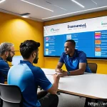 레저스포츠지도자 업무일지 작성 예시 - A professional sports team meeting room scene featuring a coach and volunteers reviewing a detailed ...