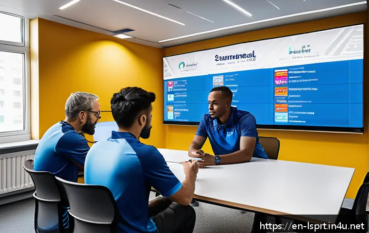 레저스포츠지도자 업무일지 작성 예시 - A professional sports team meeting room scene featuring a coach and volunteers reviewing a detailed ...