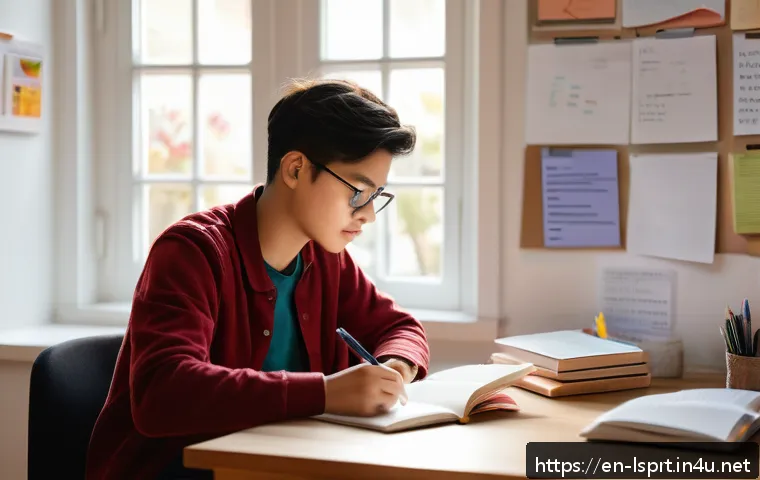 레저스포츠지도자 필기시험 효과적인 암기법 - A focused young adult studying at a clean, well-lit desk in a cozy home environment, surrounded by c...