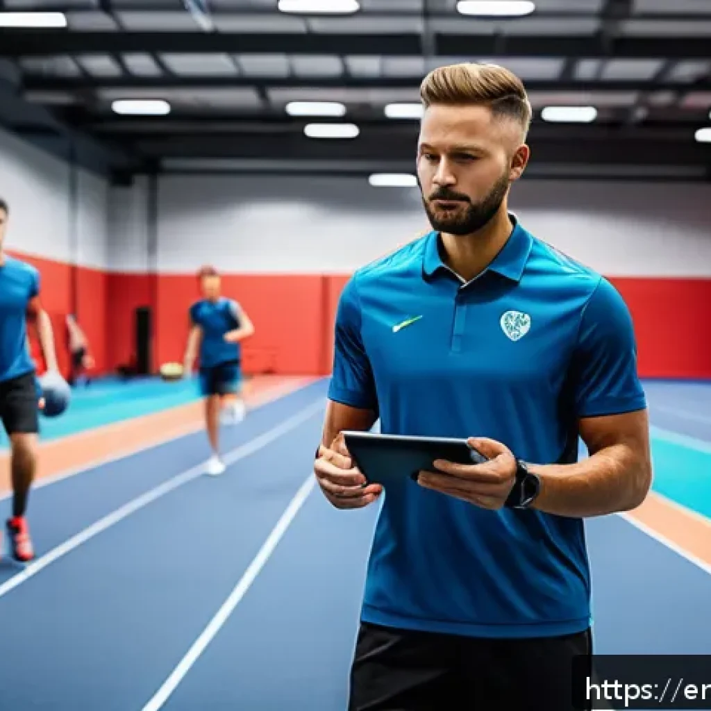 레저스포츠지도자 관련 데이터 분석 활용 사례 - A dynamic sports training session scene in a modern indoor facility, featuring a diverse group of at...