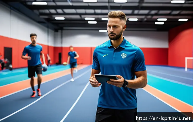 레저스포츠지도자 관련 데이터 분석 활용 사례 - A dynamic sports training session scene in a modern indoor facility, featuring a diverse group of at...