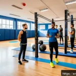 레저스포츠지도자 자격증 준비 중 흔히 하는 실수 - A dynamic indoor sports training scene showing a diverse group of young adults practicing leisure sp...