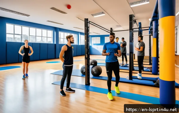 레저스포츠지도자 자격증 준비 중 흔히 하는 실수 - A dynamic indoor sports training scene showing a diverse group of young adults practicing leisure sp...