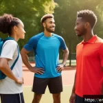 레저스포츠지도자 실무에서 필요한 의사소통 스킬 - A diverse leisure sports team gathered outdoors, with a confident leader actively listening to a tea...