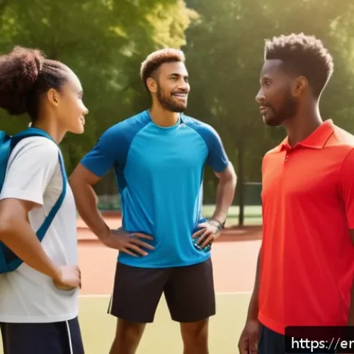 레저스포츠지도자 실무에서 필요한 의사소통 스킬 - A diverse leisure sports team gathered outdoors, with a confident leader actively listening to a tea...