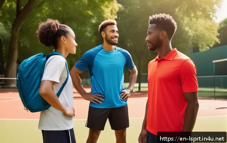 레저스포츠지도자 실무에서 필요한 의사소통 스킬 - A diverse leisure sports team gathered outdoors, with a confident leader actively listening to a tea...