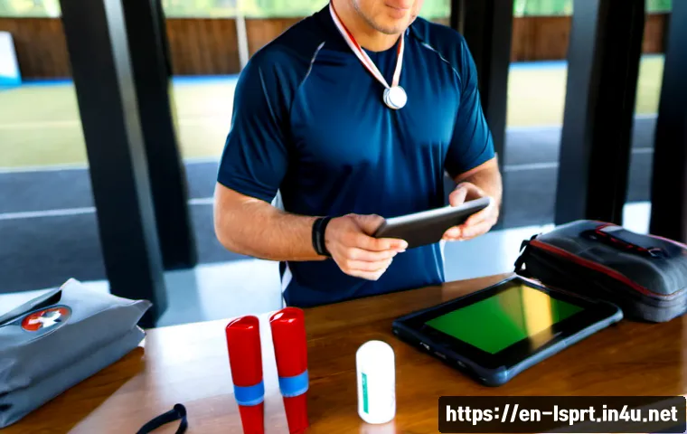 레저스포츠지도자 업무 효율성을 높이는 도구 - Photorealistic leisure sports instructor at a bright outdoor community sports center, efficiently pl...