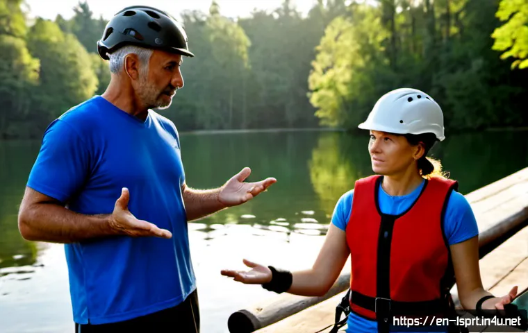 Home 17 레저스포츠지도자 실무 중 발생하는 갈등 해결 사례 - Photorealistic outdoor recreation leadership conflict resolution scene at a lakeside ropes course, c...