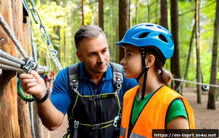 Home 17 레저스포츠지도자 실무에서의 고객 안전 관리 - Photorealistic outdoor adventure park safety briefing, experienced recreation sports instructor wear...
