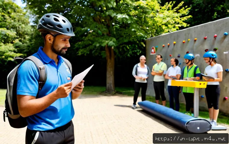 레저스포츠지도자 실무에서 자주 발생하는 법적 문제 - Photorealistic outdoor recreation safety briefing at a sunny public park, a professional adult sport...