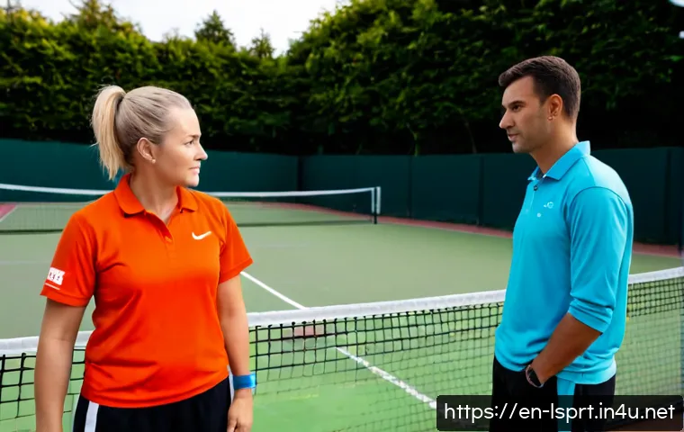 Home 17 레저스포츠지도자 실무에서 고객과의 갈등 해결 방법 - Photorealistic leisure sports instructor calmly resolving a disagreement with an adult client beside...