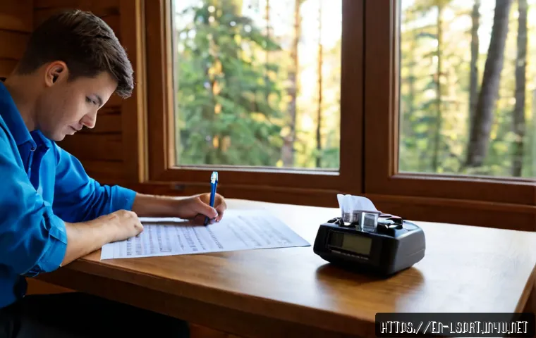 레저스포츠지도자 필기시험의 실질적인 어려움 - Photorealistic study scene of an adult aspiring outdoor recreation coach at a clean wooden desk, rev...